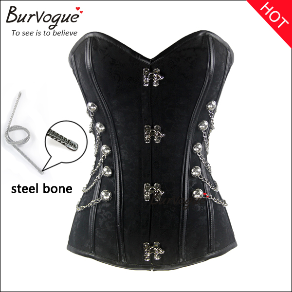 black steel boned steampunk corset tops with chain wholesale-23042
