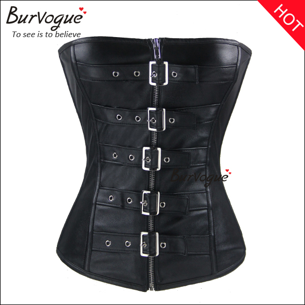 black zipper leather overbust corset bustier tops for women -24038