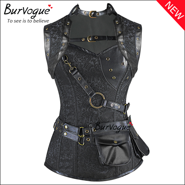 gothic-black-steampunk-corset-zip-12-steel-boned-bustier-tops-23081
