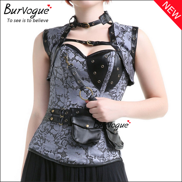 retro-grey-steampunk-corset-zip-12-steel-boned-bustier-tops-23081 retro-grey-steampunk-corset-zip-12-steel-boned-bustier-tops-23081