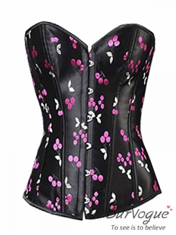 Black Floral Satin Corset Tops with Printed Cherry 