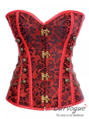 Red Strong Steel Boned Floral Corset Top With Printed Peony