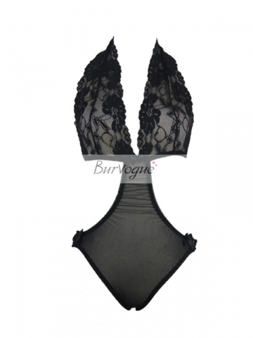 Black Deep V Neck Lace Cup Mesh Sexy Teddy Lingeire