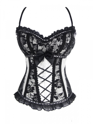 Lace Trim Bustier Zip Satin Overbust Corset Tops With Straps