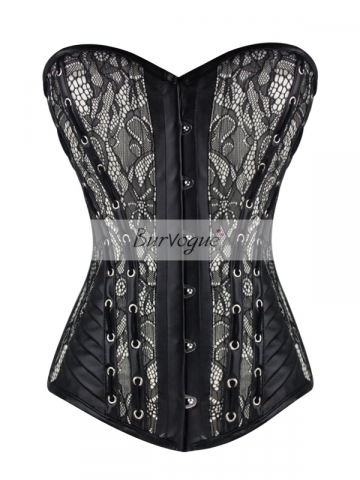 Gothic Lace Leather Overbust Corset Bustier Tops Wholesale 
