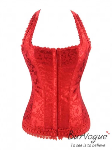 Red Jacquard Halter Overbust Corset And Bustier Tops