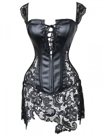 Black Leather Gothic Lace Overbust Steampunk Corset Dress