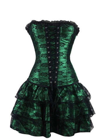 Elegant Lace Steampunk Overbust Corset Dress Costume Sets