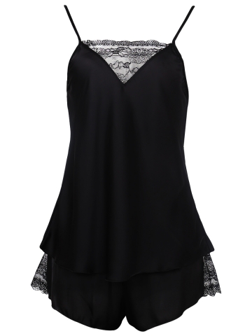 Women Deep V Lace Camisole Satin Pajamas Short Set Sleepwear