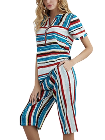 Summer Stripe Women Sleepwear Short Sleeve Pajamas Sets