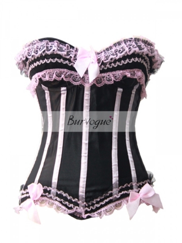 Pink Lace in Black Satin Women Overbust Corset Bustier
