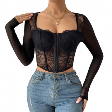 Sexy Lace See-through Mesh Buttoned bone V-Neck Hot Girl Top