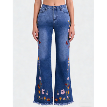 Women's Light-Wash Bohemian Flared Jeans with Floral Frayed
