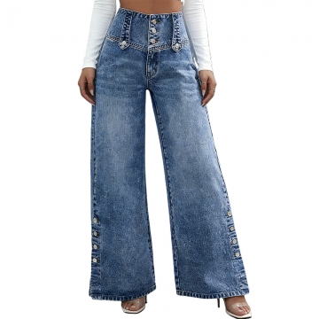Women's High-Waist Wide-Leg Denim, Vintage Button Split Hem