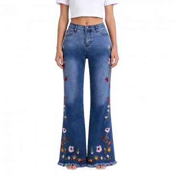 Women's Vintage High-Waisted Floral Embroidered Flared Jeans