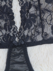 Black Deep V Neck Lace Cup Mesh Sexy Teddy Lingeire