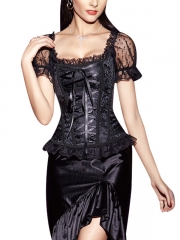 Short Sleeve Gothic Steampunk Jacquard Overbust Corsets Tops