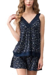 Women V Neck Lace Floral Print Pajama Set Sleepwear Lingerie