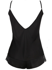 Women Deep V Lace Camisole Satin Pajamas Short Set Sleepwear