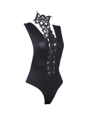Black Bodysuit Deep V Halter Lace Teddies Lingerie Wholesale
