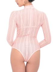 Sheer Stripe Long Sleeve Mesh Bodysuit Teddies Lingerie 