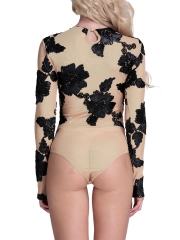 Long Sleeve Embroidery Bodysuit Teddies Lingerie For Women