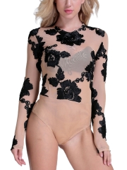 Long Sleeve Embroidery Bodysuit Teddies Lingerie For Women