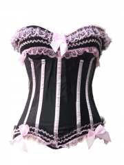 Pink Lace in Black Satin Women Overbust Corset Bustier