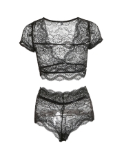 Short Sleeve Transparent Underwear Lace Bra Sets Lingerie 