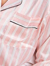 Women Pink Satin Long Sleeve Stripe Pajama Sleepwear Set