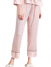 Women Pink Satin Long Sleeve Stripe Pajama Sleepwear Set