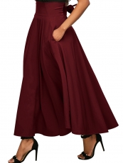 High Waist Casual A-Line Pleated Belted Skirt with Pocket
