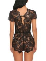 One Piece Lace Plunging Eyelash See-Through Teddy Lingerie 