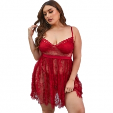 Plus Women Lingerie Pajama Red Sexy Lace Sleepwear Dress 