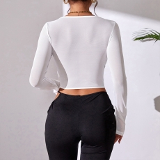Sexy Lace See-through Mesh Buttoned bone V-Neck Hot Girl Top
