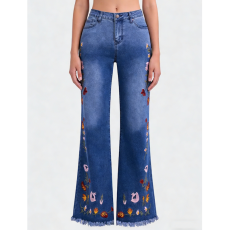 Women's Light-Wash Bohemian Flared Jeans with Floral Frayed