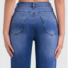 Women's Light-Wash Bohemian Flared Jeans with Floral Frayed