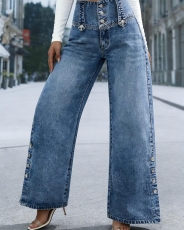 Women's High-Waist Wide-Leg Denim, Vintage Button Split Hem