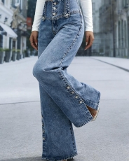 Women's High-Waist Wide-Leg Denim, Vintage Button Split Hem