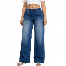 Wide Leg Plus Size Drawstring High Waist,Vintage Denim Jean