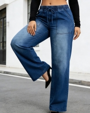 Wide Leg Plus Size Drawstring High Waist,Vintage Denim Jean