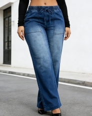 Wide Leg Plus Size Drawstring High Waist,Vintage Denim Jean