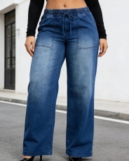 Wide Leg Plus Size Drawstring High Waist,Vintage Denim Jean