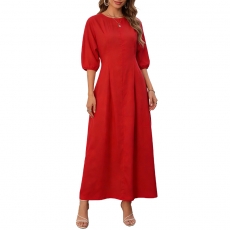 Women's Solid Linen Midi Dress Crew Neck Puff Sleeves