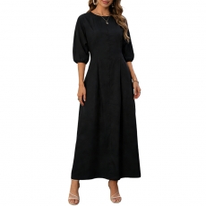 Women's Solid Linen Midi Dress Crew Neck Puff Sleeves