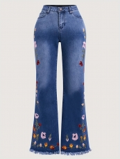 Women's Vintage High-Waisted Floral Embroidered Flared Jeans