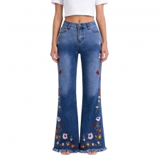 Women's Vintage High-Waisted Floral Embroidered Flared Jeans