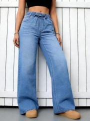 Women's High-Waisted Wide-Leg Jeans with Drawstring Waist