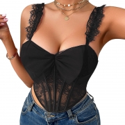 Black Lace Corset Bustier Top for Women-Push Up Bow Camisole