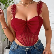 Black Lace Corset Bustier Top for Women-Push Up Bow Camisole